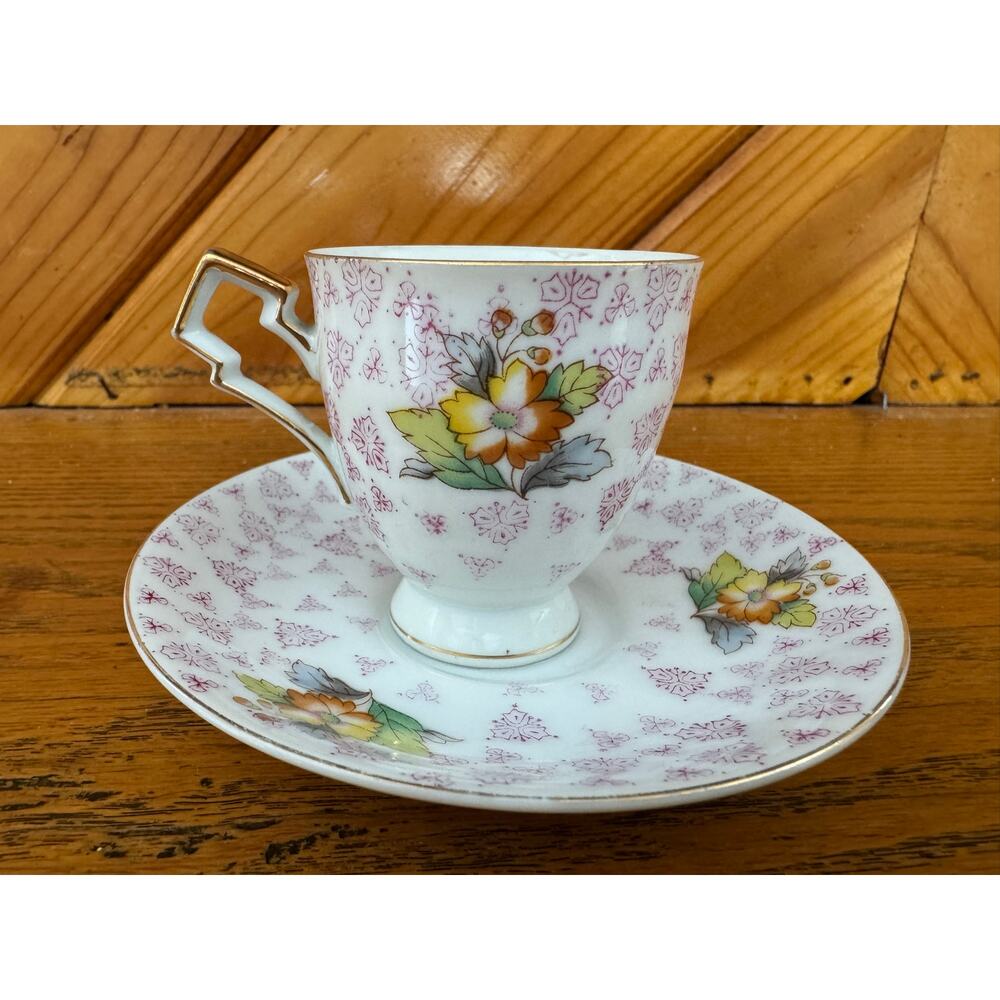 Vintage UCAGCO Japan Demitasse Cup Saucer Floral Gold Tone Teacup and Saucer Set
